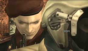 MGS3 HD screenshot of Ocelot holding EVA hostage and smiling into the camera
