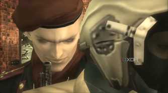 MGS3 HD screenshot of Ocelot holding EVA hostage and smiling into the camera