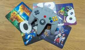Overhead view of the Nintendo 64 controller with images of various Nintendo 64 games in the background
