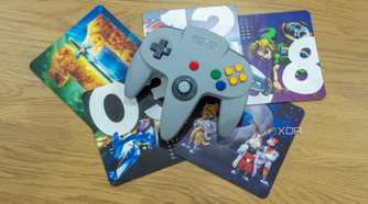 Overhead view of the Nintendo 64 controller with images of various Nintendo 64 games in the background