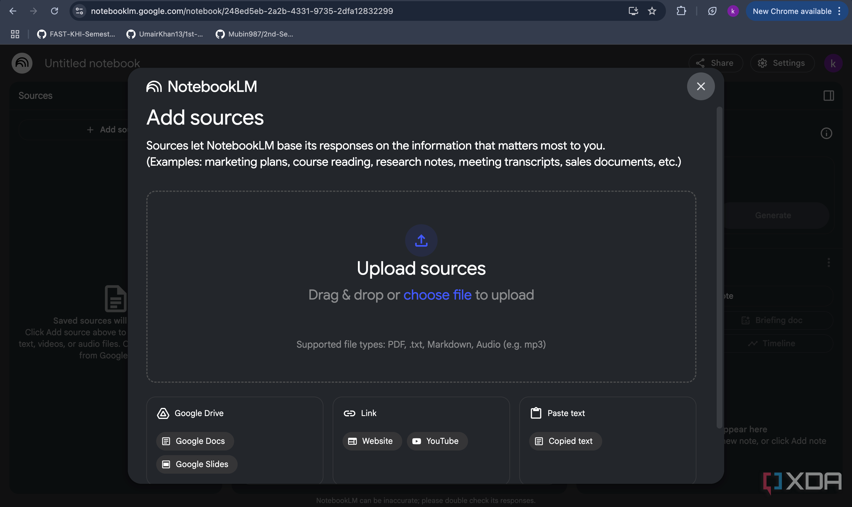 NotebookLM Add Sources page