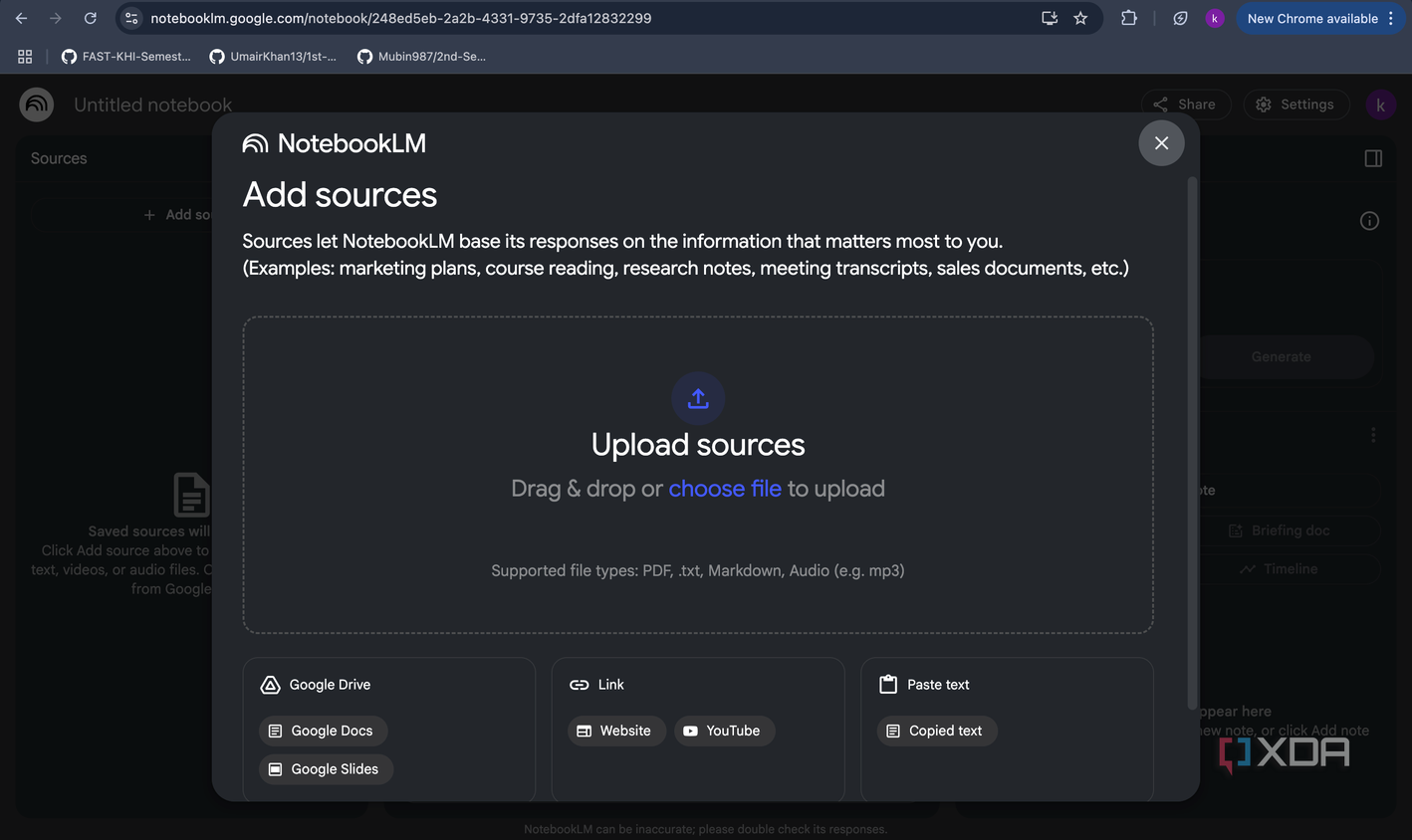 NotebookLM Add Sources page