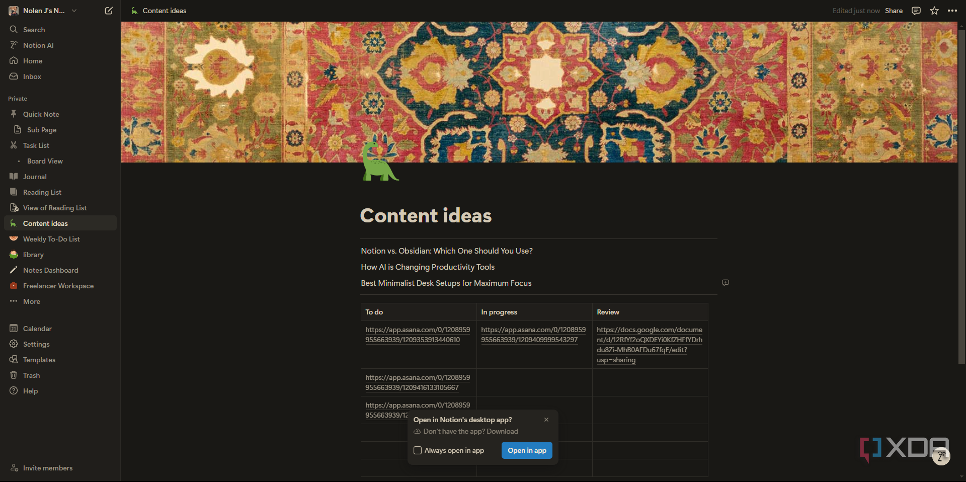 Notion customized dashboard