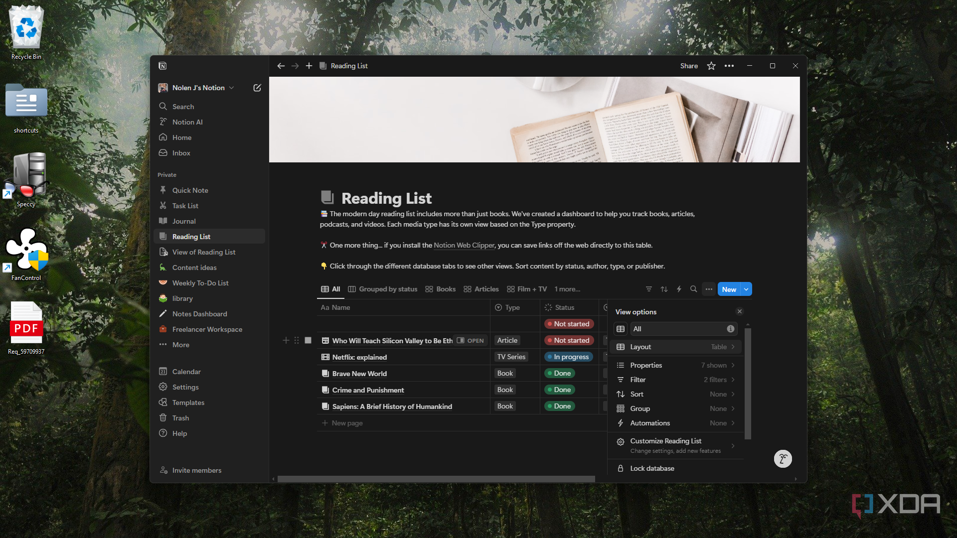 Notion database customization options