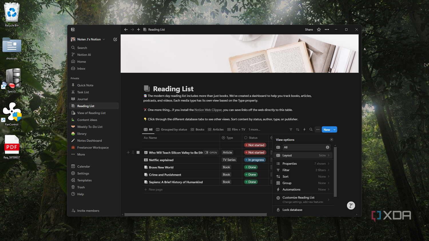 Notion database customization options