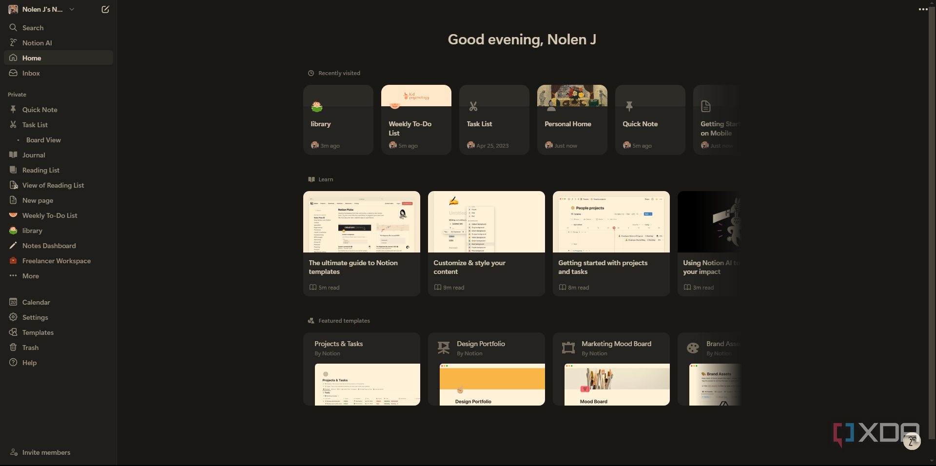 Notion homepage layout