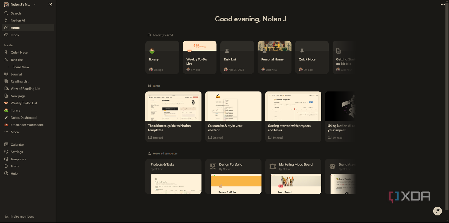 Notion homepage layout