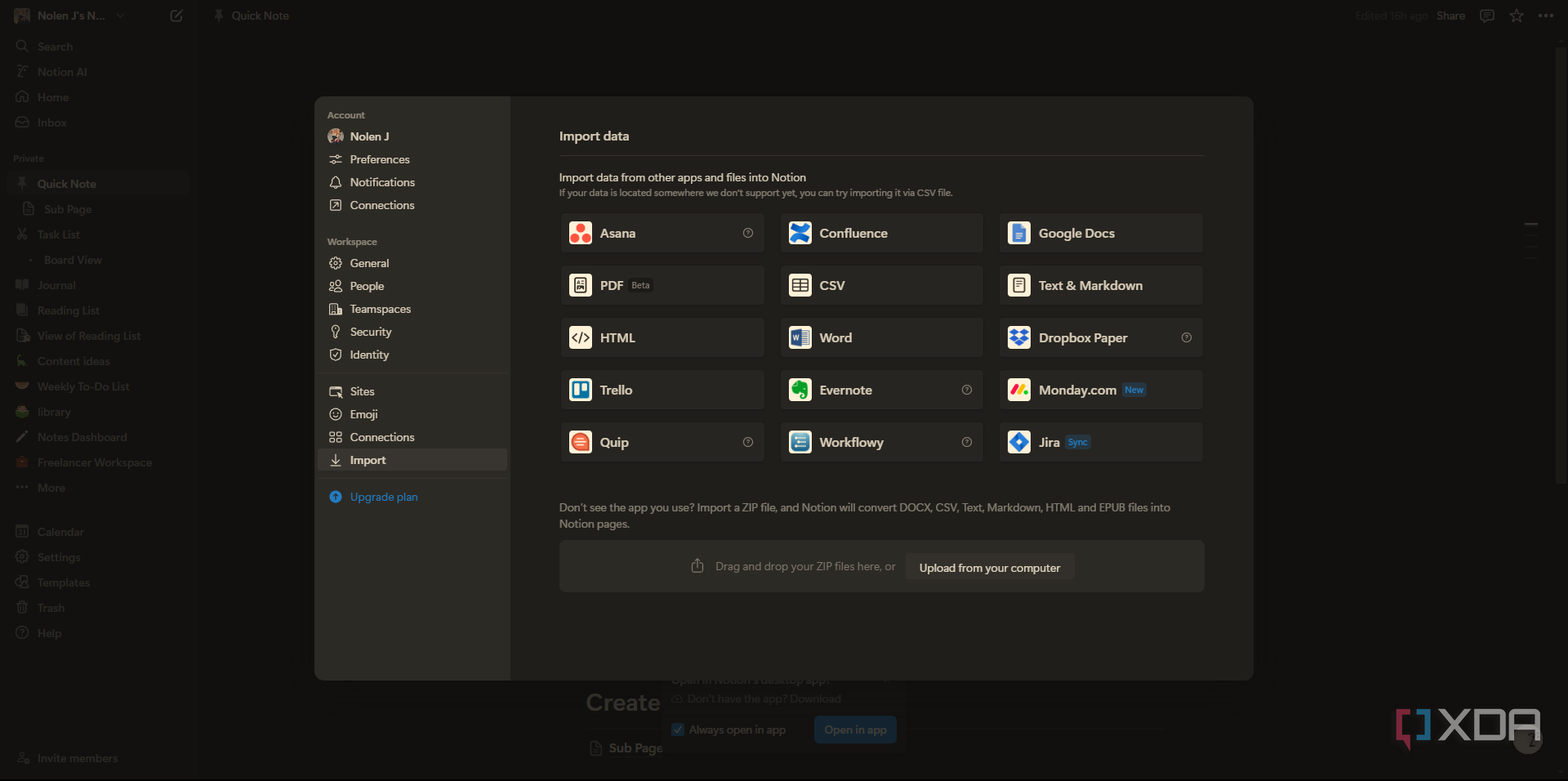 Notion import data