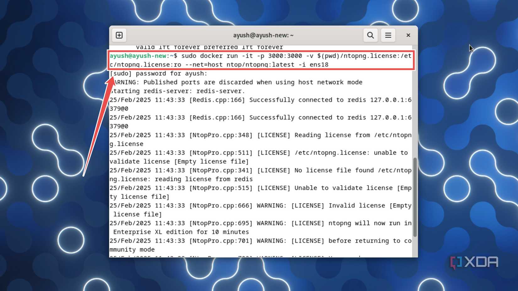 Executing the docker run command to deploy the ntopng server