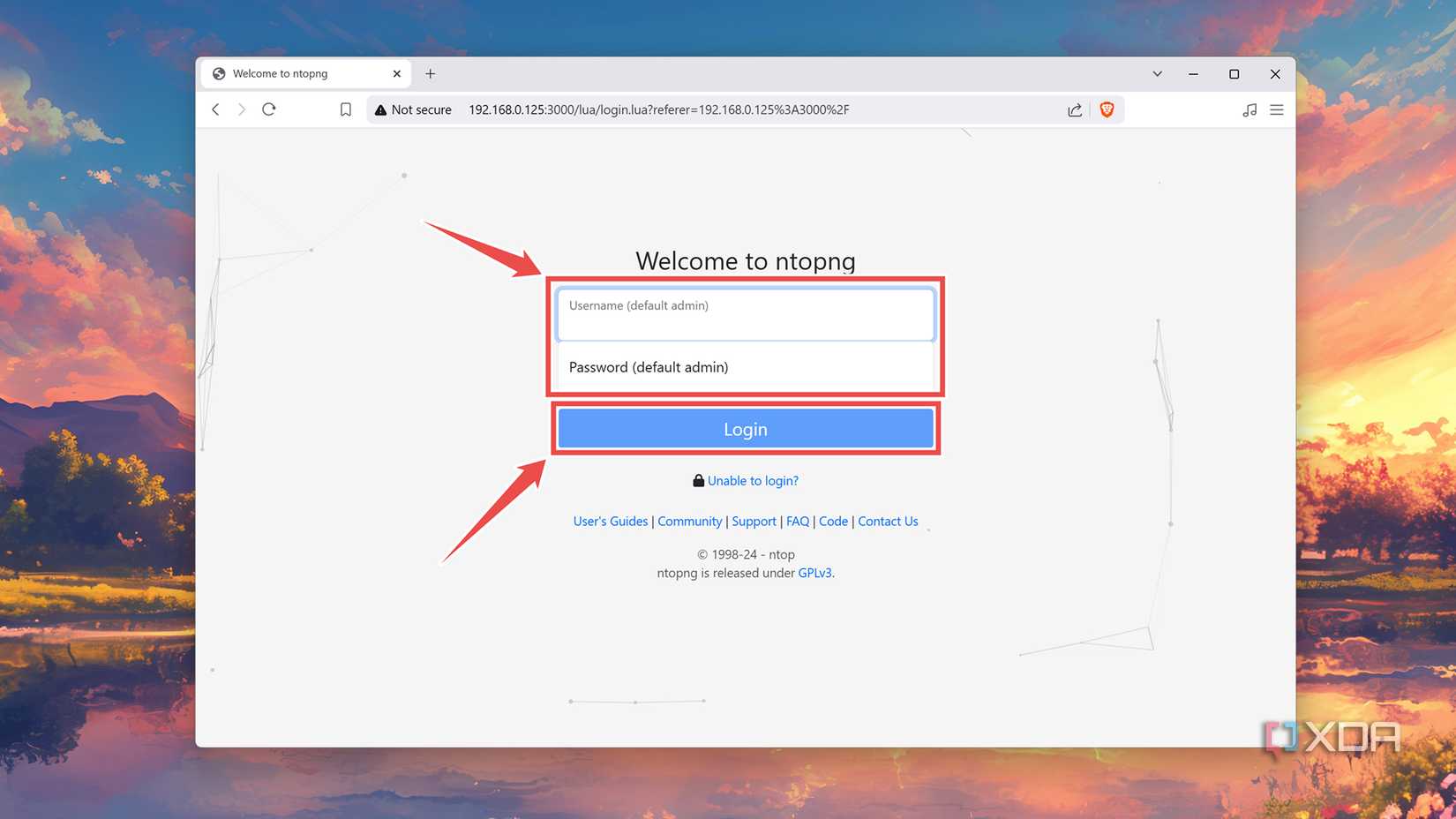 Entering the Username and Password into the ntopng web UI