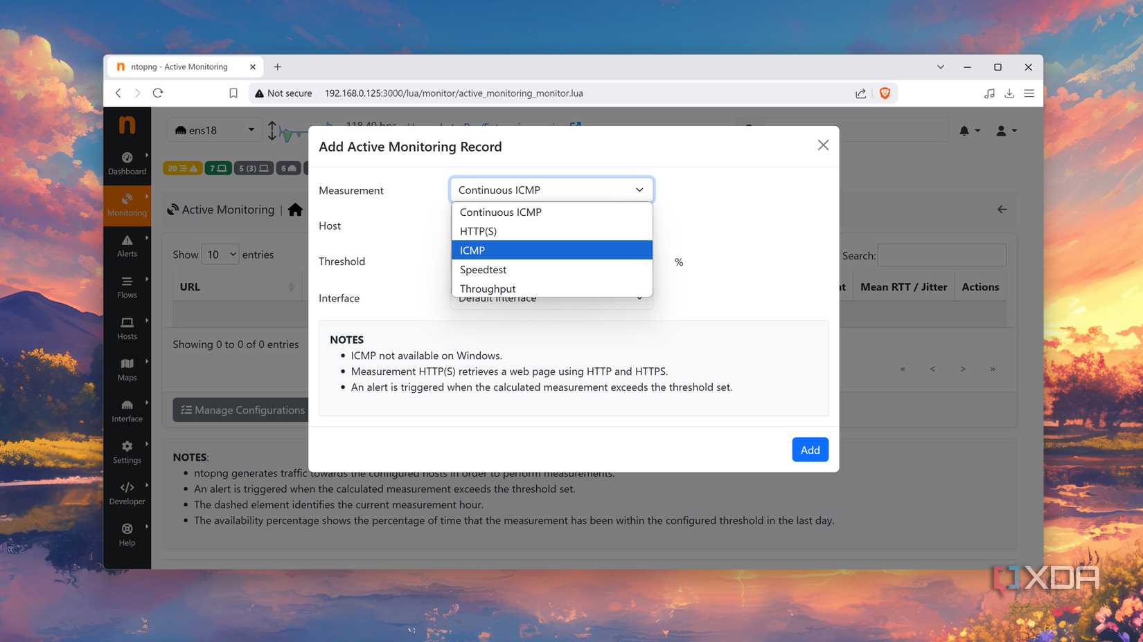 The Active Monitoring tab in ntopng