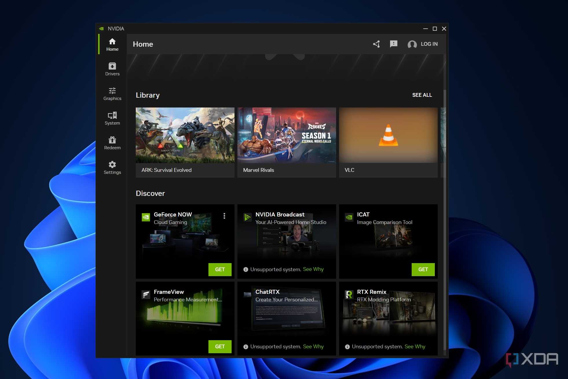 the home screen on the nvidia app