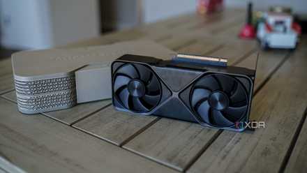 The Nvidia RTX 5070 sitting on a table with the fans facing out.