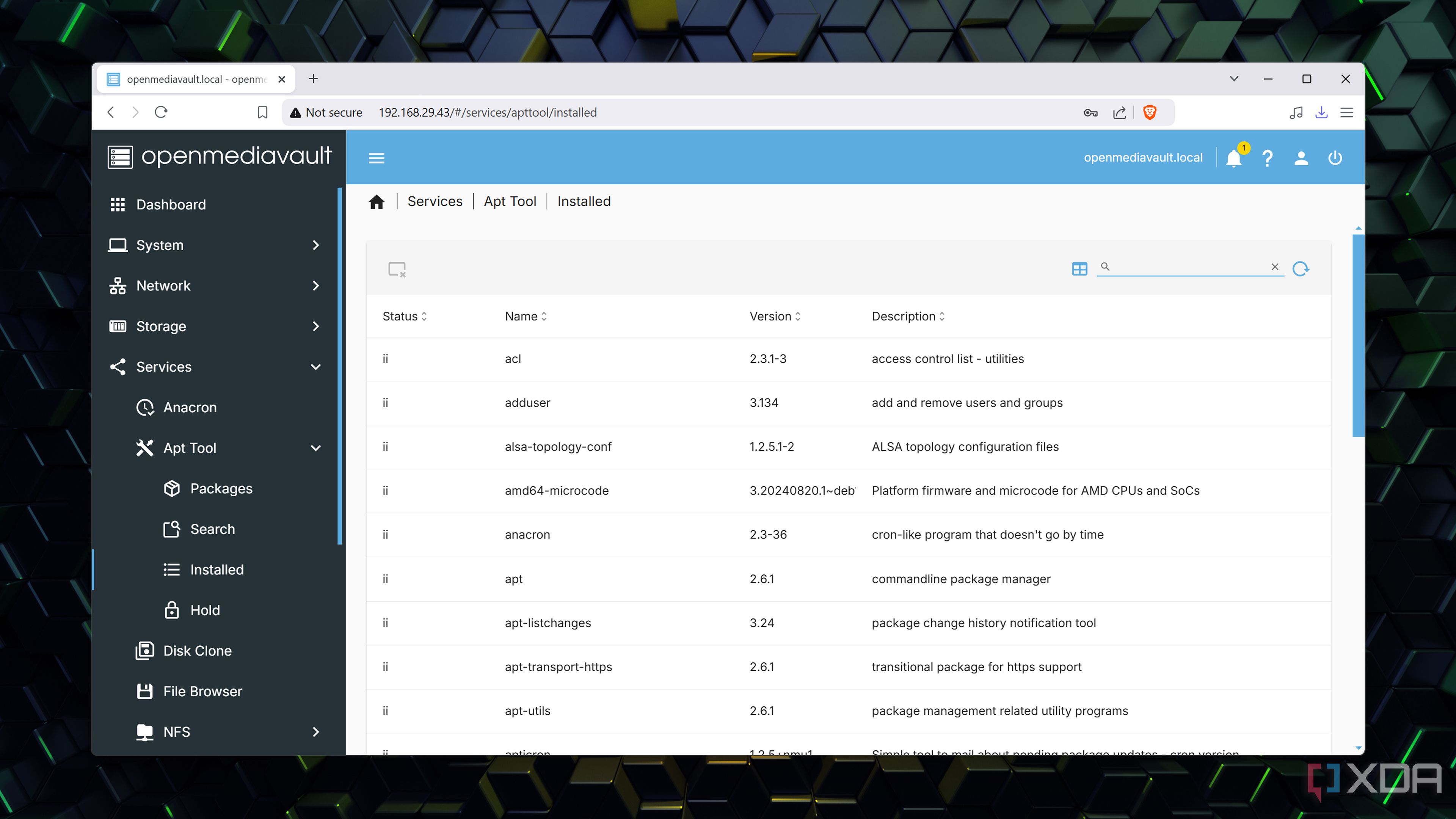 Browsing the installed packages using the openmediavault-apt plugin