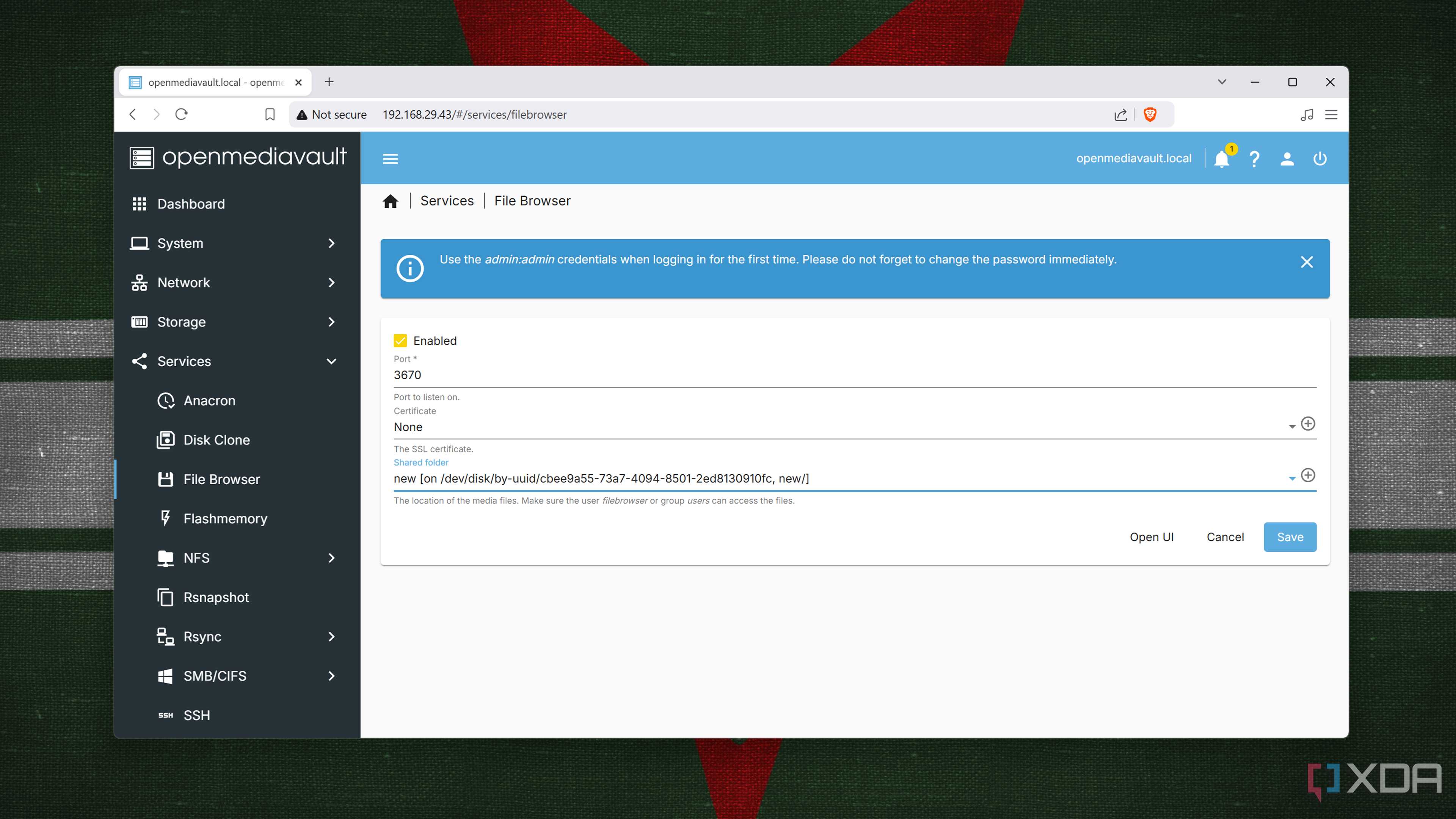 Configuring the File Browser plugin in OpenMediaVault