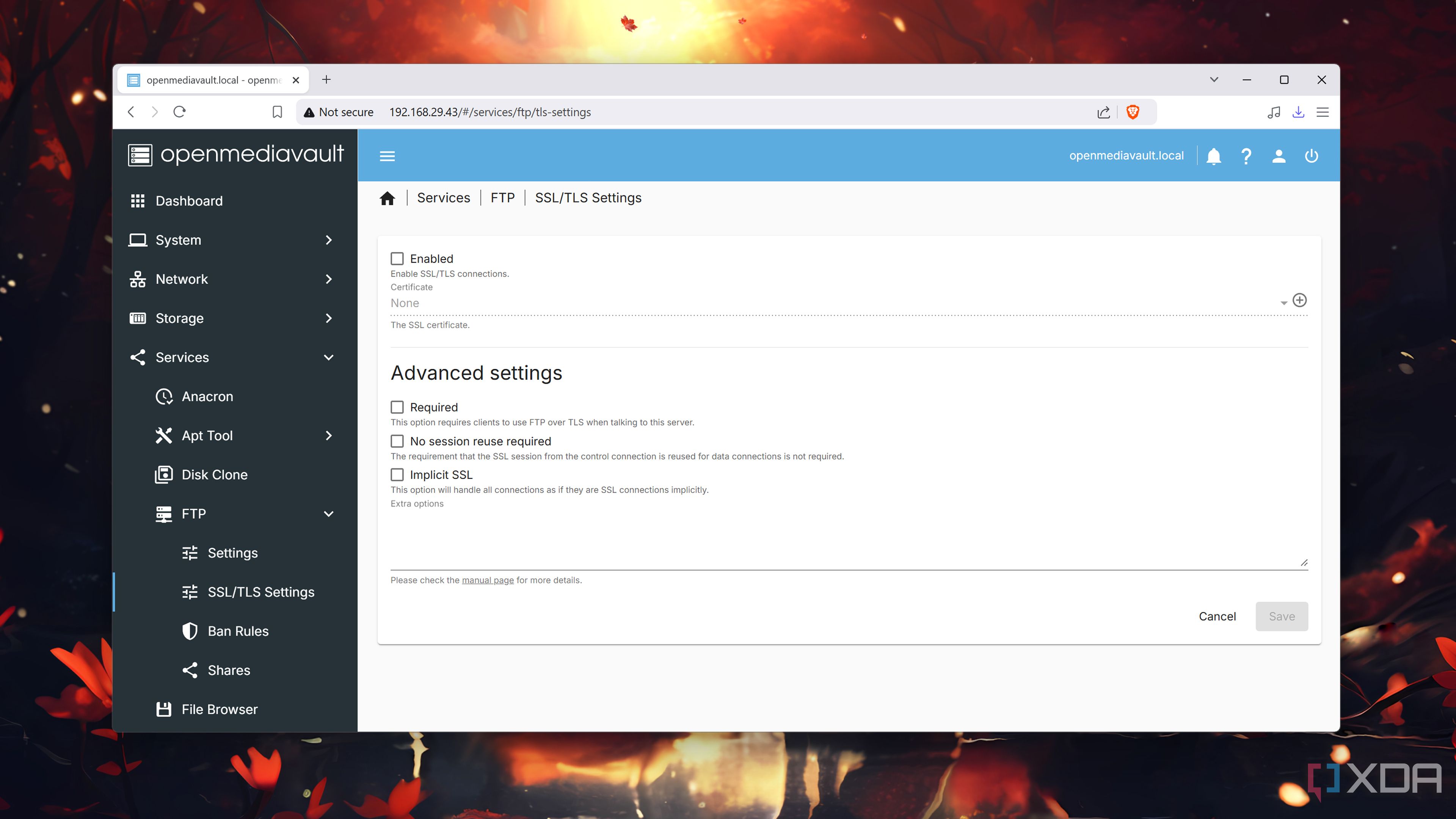 Setting up the SSL/TSL option for the FTP plugin in OpenMediaVault