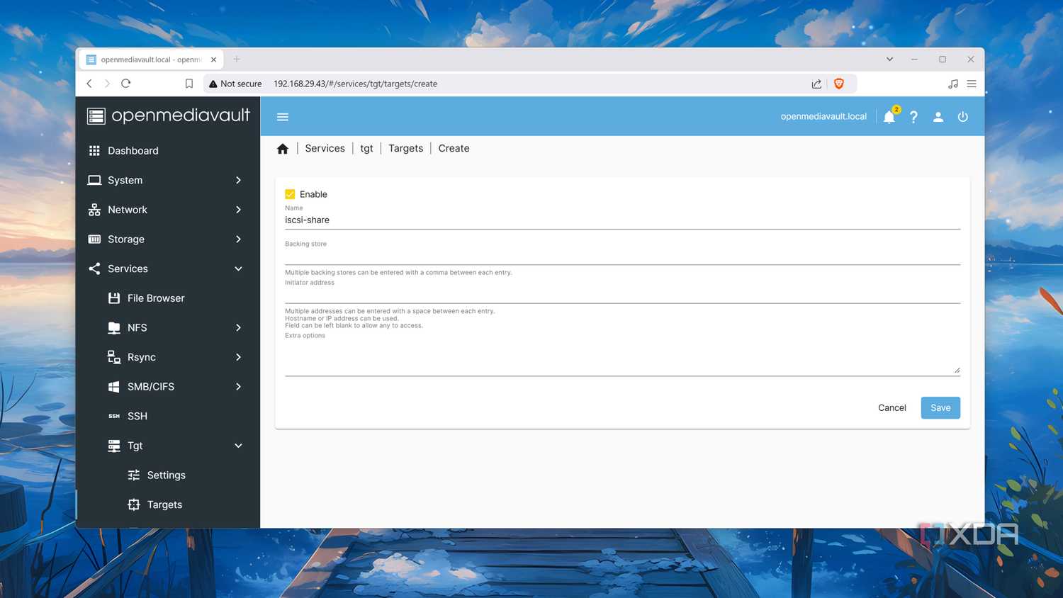 The Create tab in the openmediavault-tgt plugin inside OpenMediaVault