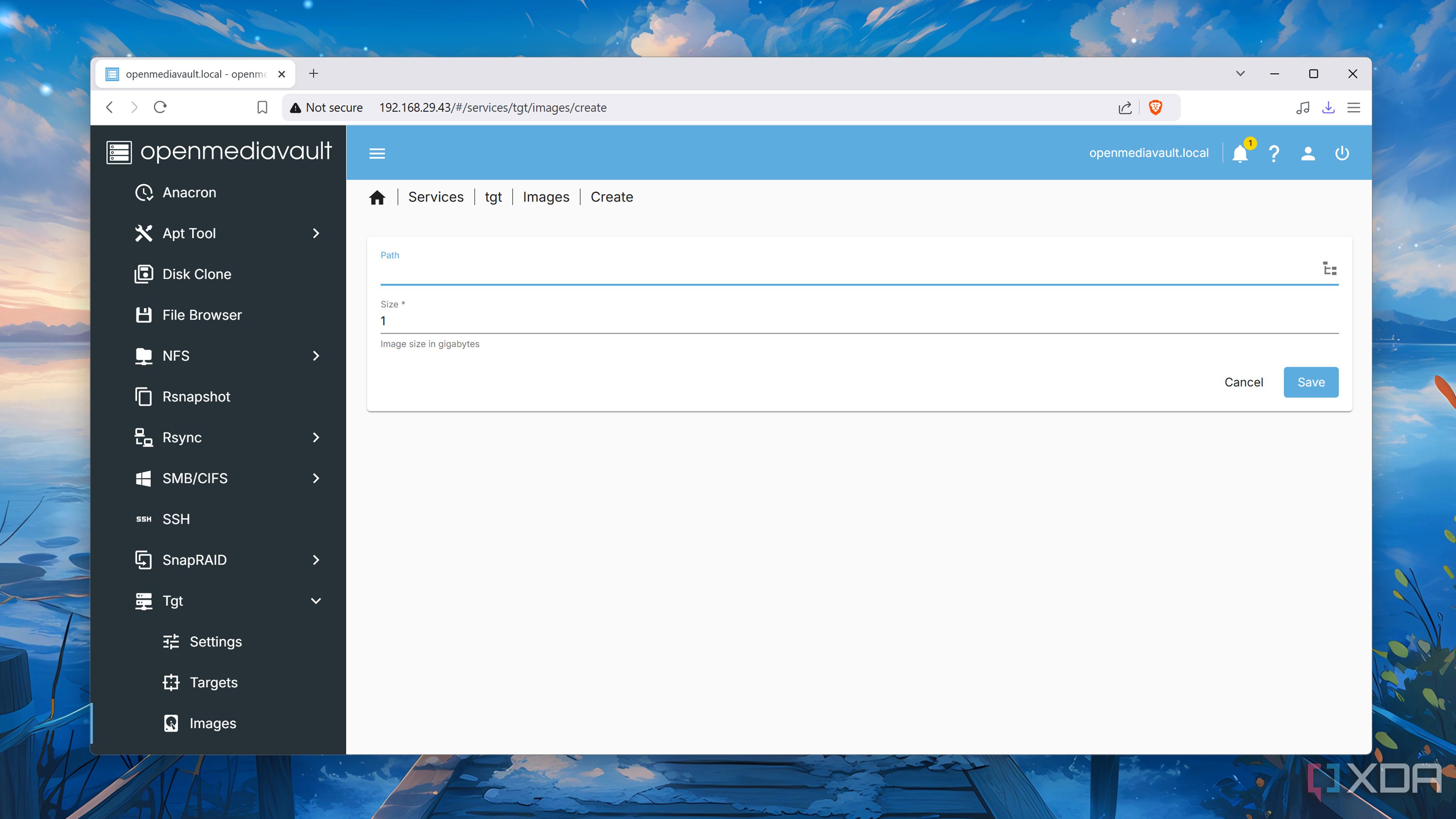 The Images tab of the openmediavault-tgt plugin in OpenMediaVault
