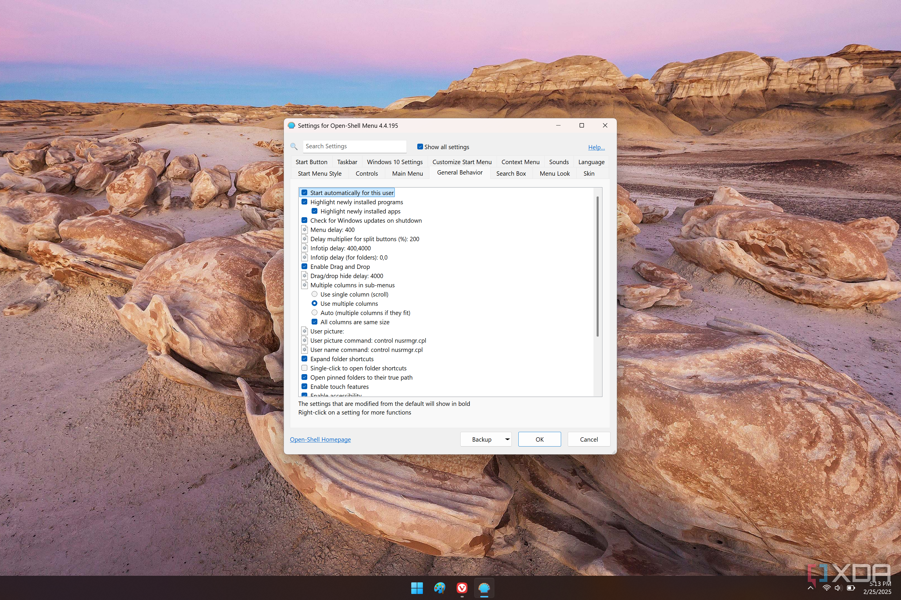 Screenshot of general behavior settings for OpenShell