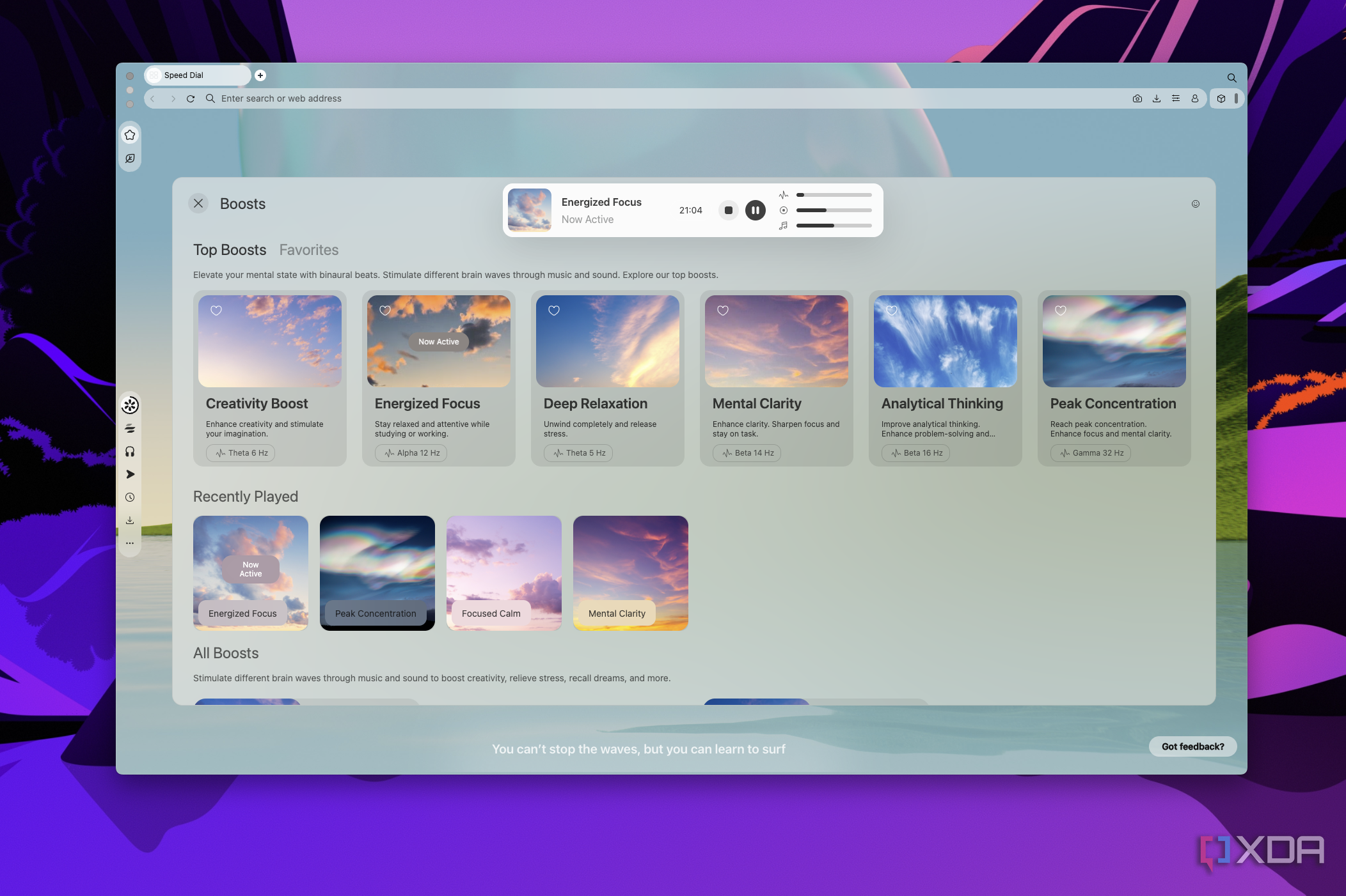 Screenshot of the Boosts page in Opera Air showing the currently active boost, top boosts, and recently played boosts
