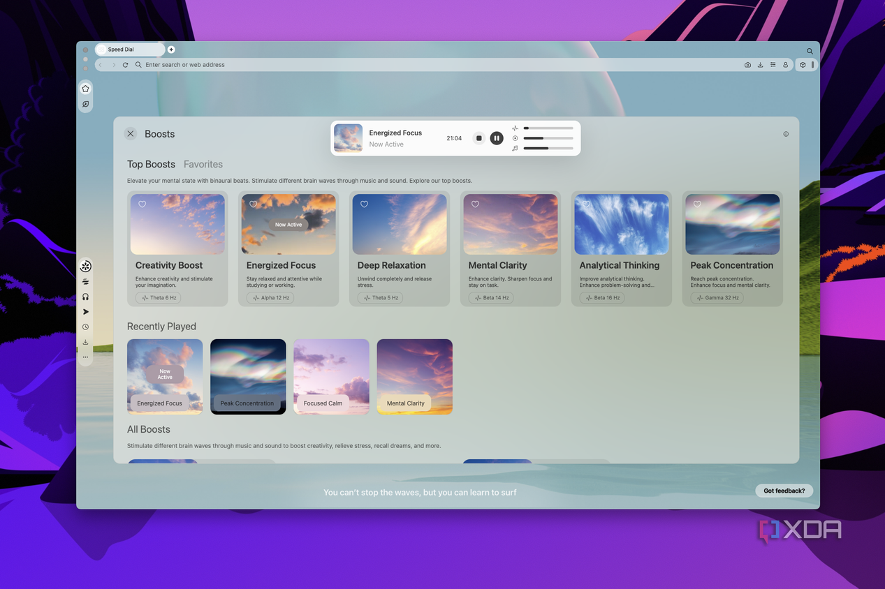 Screenshot of the Boosts page in Opera Air showing the currently active boost, top boosts, and recently played boosts