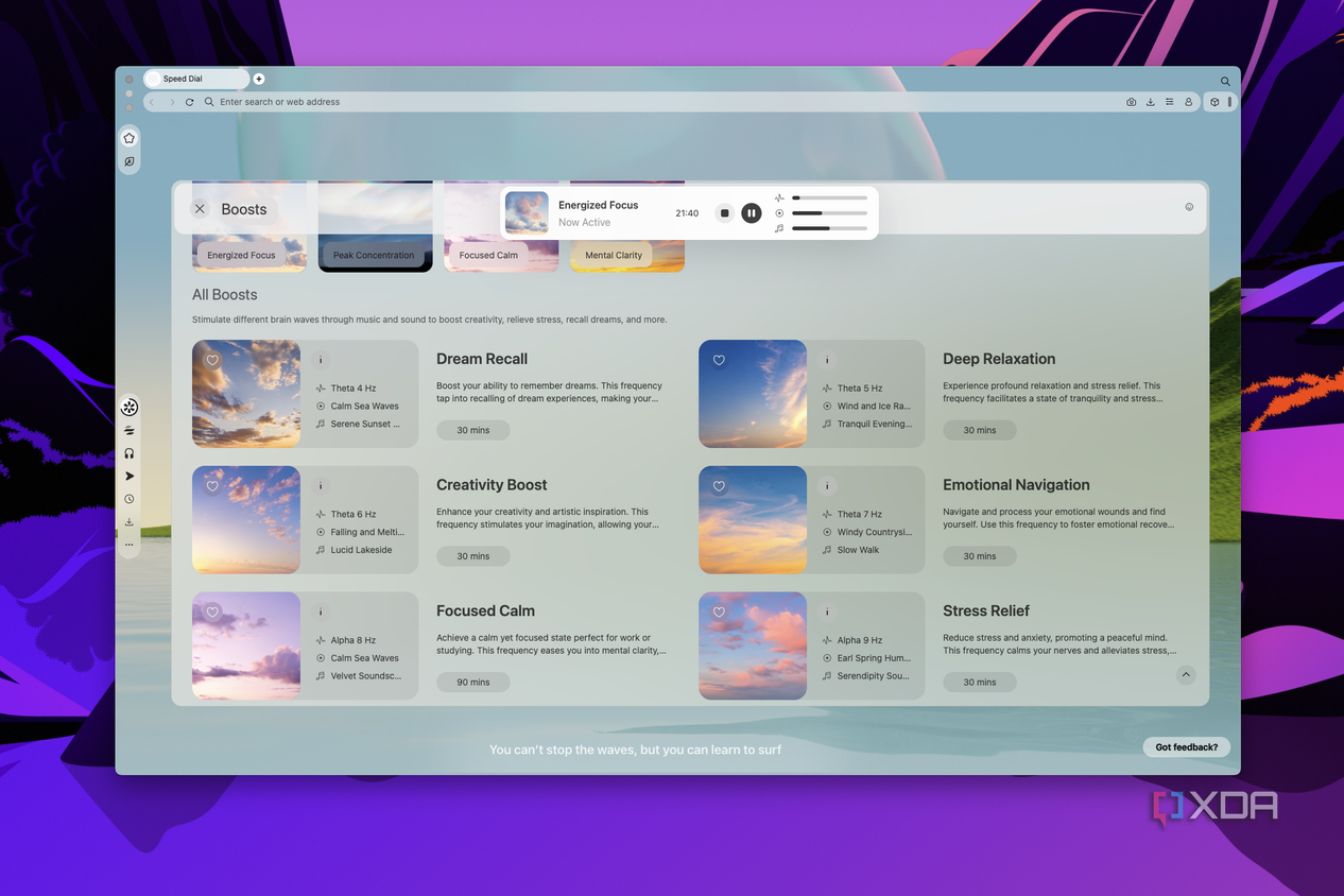 Screenshot of the Boosts page in Opera Air showing the currently active boost and a list of all boosts
