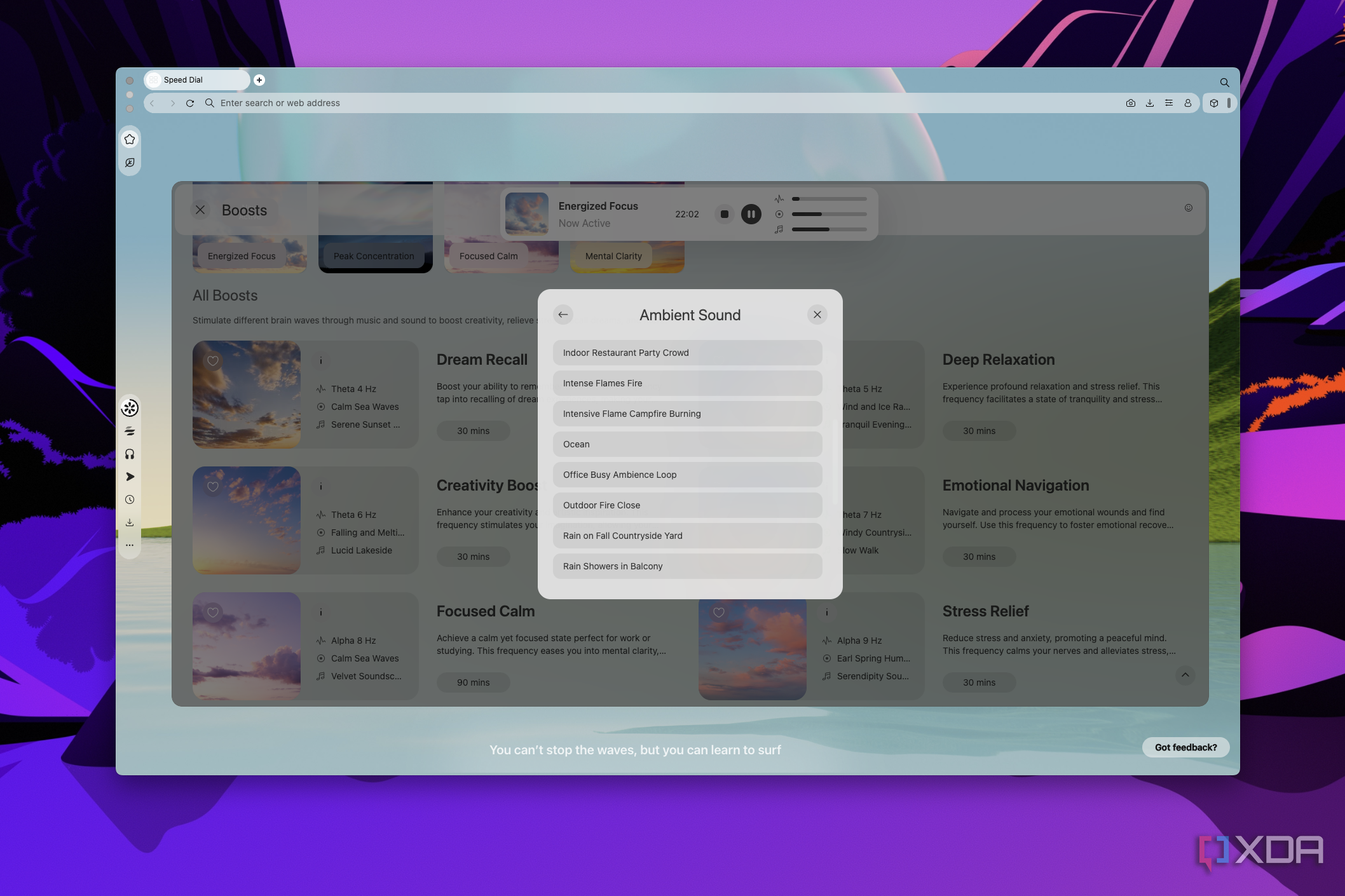 Screenshot of Opera Air showing a list of ambient sounds available to customize a boost