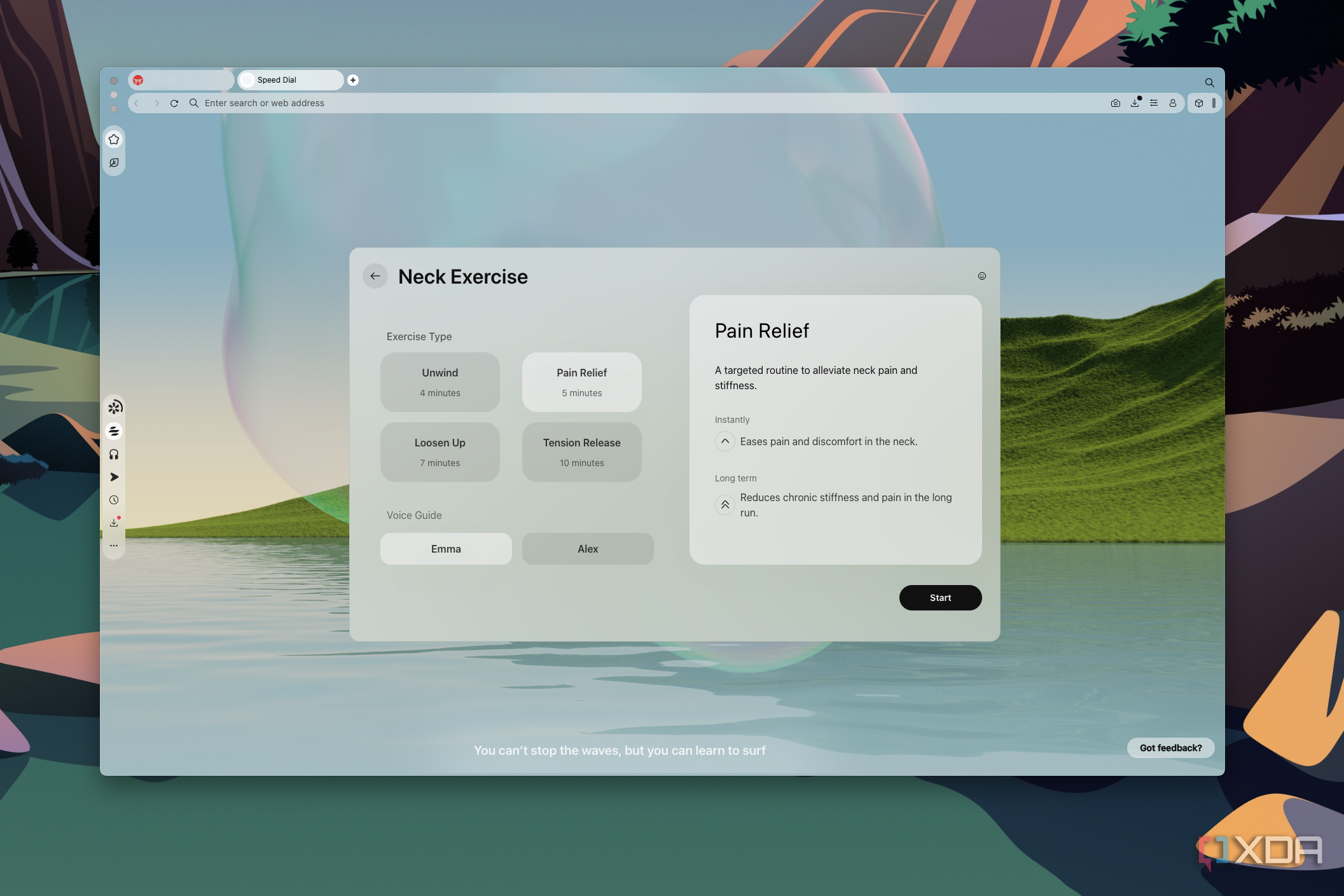 Screenshot of the Break screen in Opera Air for macOS showing different types of neck exercises