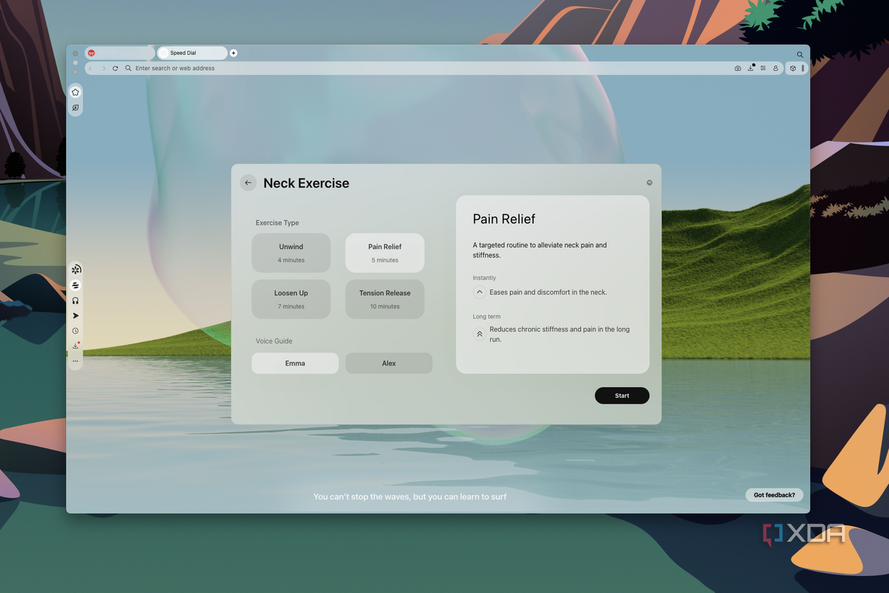 Screenshot of the Break screen in Opera Air for macOS showing different types of neck exercises