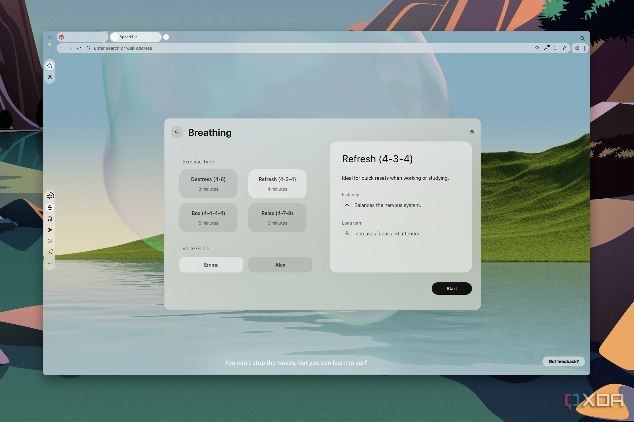 Screenshot of opera Air showing different types of breathing exercises available