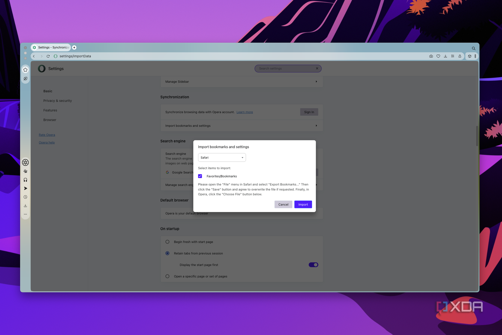 Screenshot of Opera Air showing options for importing data from Safari