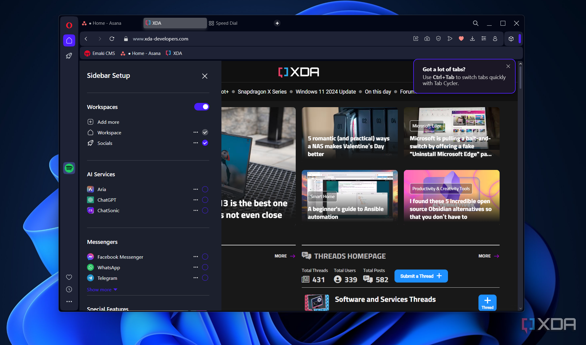 opera browser with workspaces in sidebar