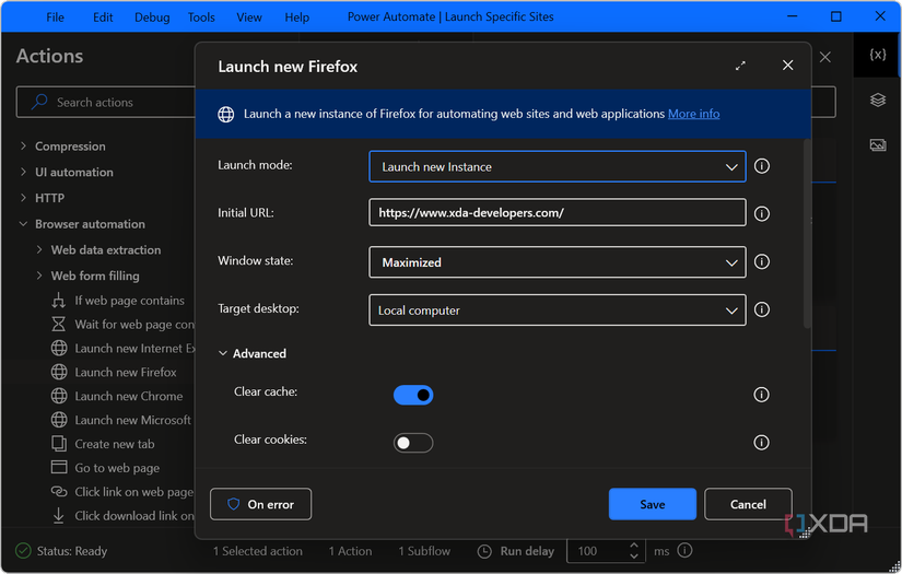 screenshot shows creating a new Flow to launch Firefox to specific websites
