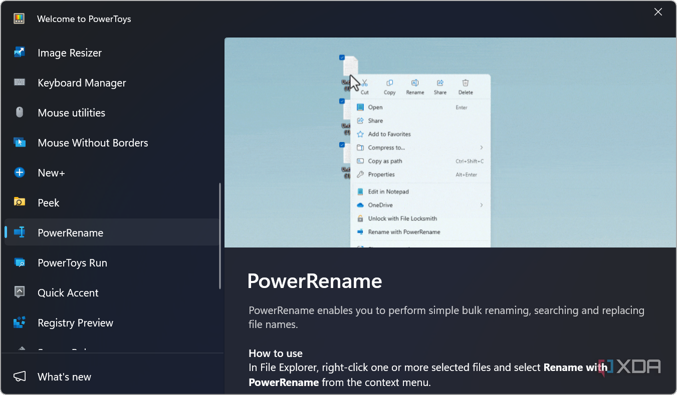 screenshot showing PowerToys PowerRename tool on Windows 11