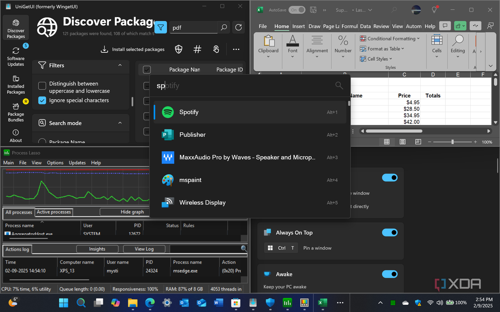 screenshot showing UniGetUI Excel Project Lasso and PowerToys dashboard running on Windows 11