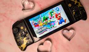 Nintendo Switch with Mario Wonder surrounded by hearts