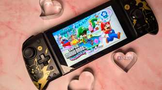 Nintendo Switch with Mario Wonder surrounded by hearts
