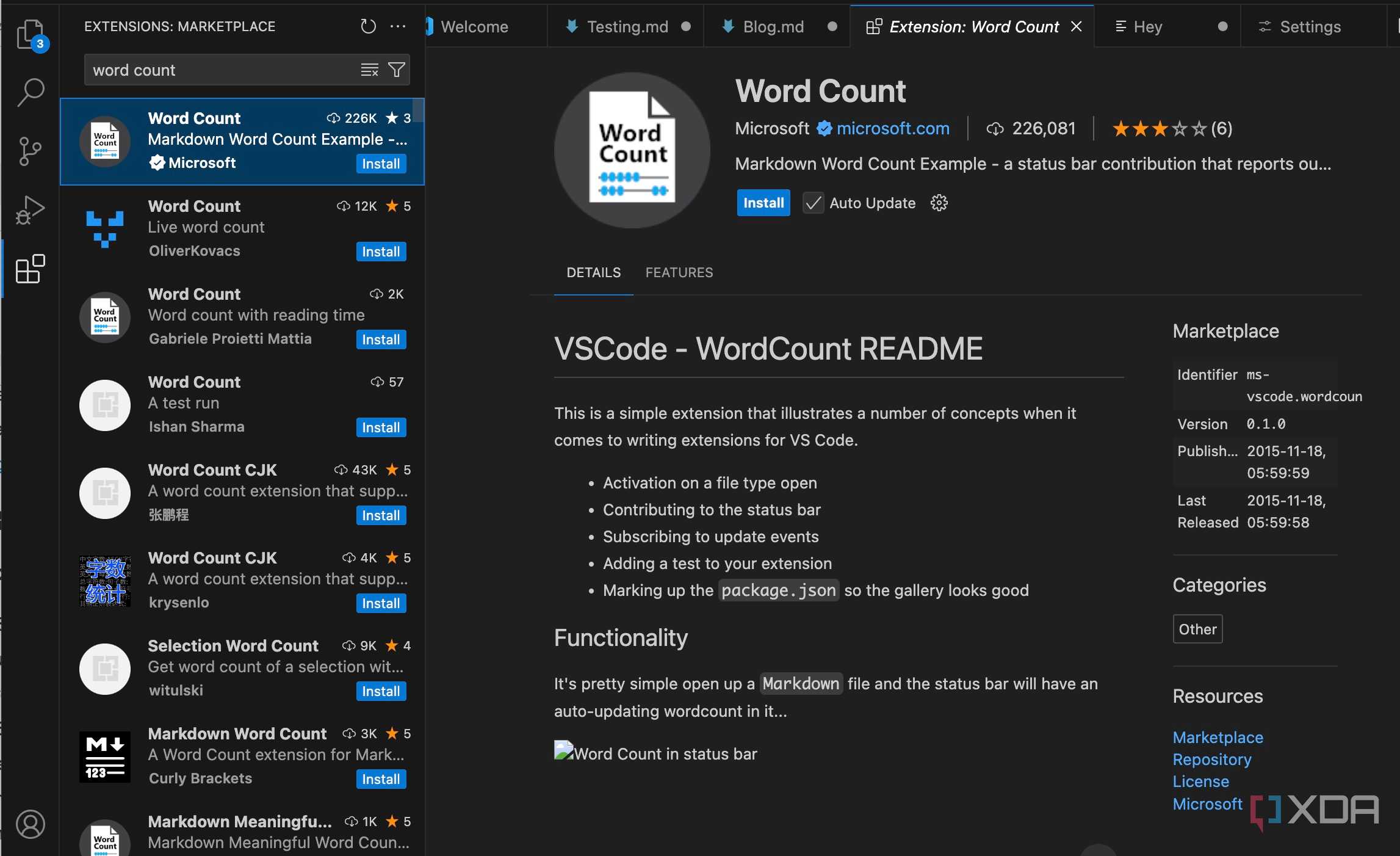 VS Code Word count extension
