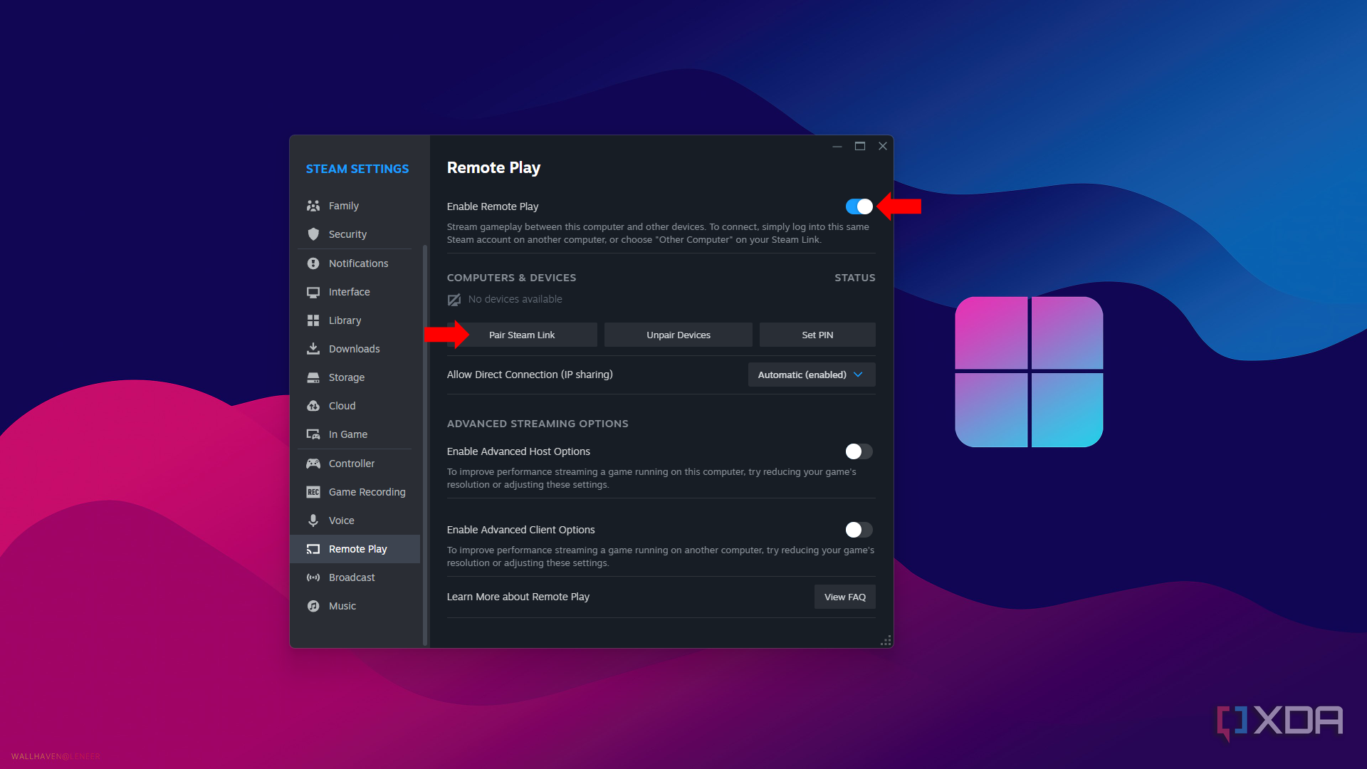 Remote Play settings in Steam