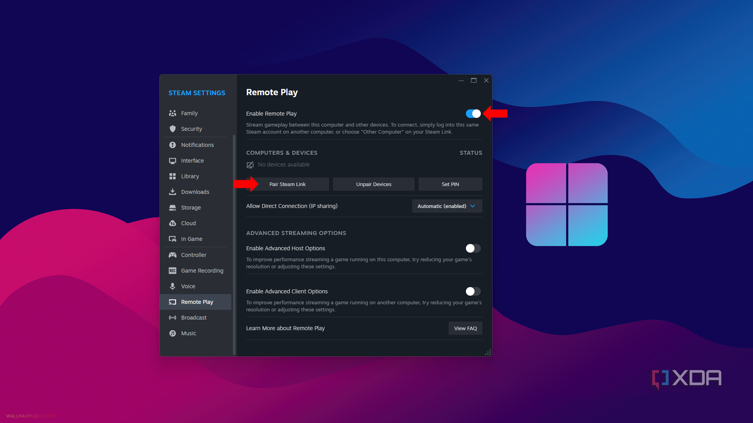 Remote Play settings in Steam