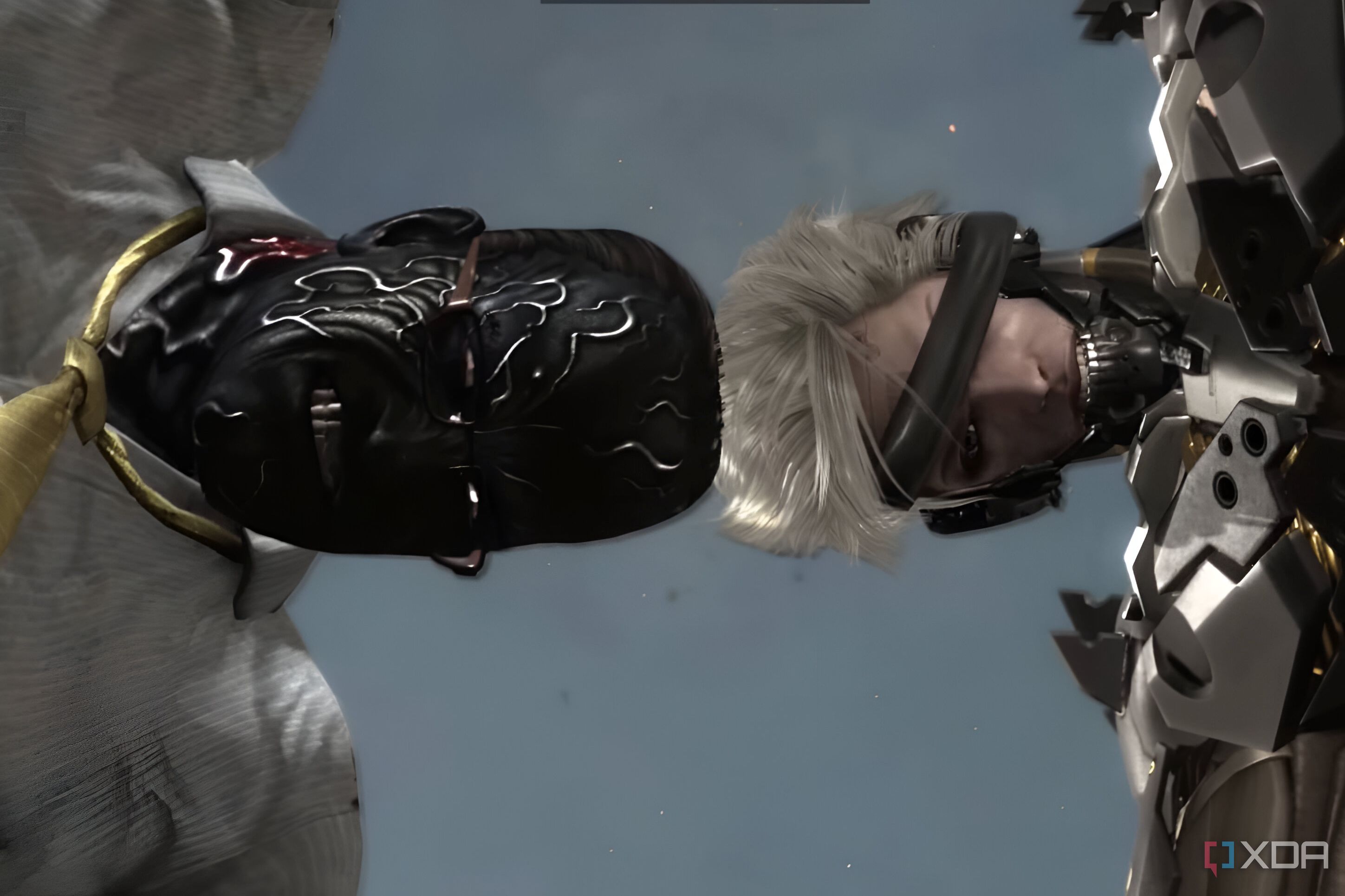 An image from the game Metal Gear Rising Revengeance, showing a man with white hair and a black eyeband butting heads with a man with hard, metallic, and black skin.