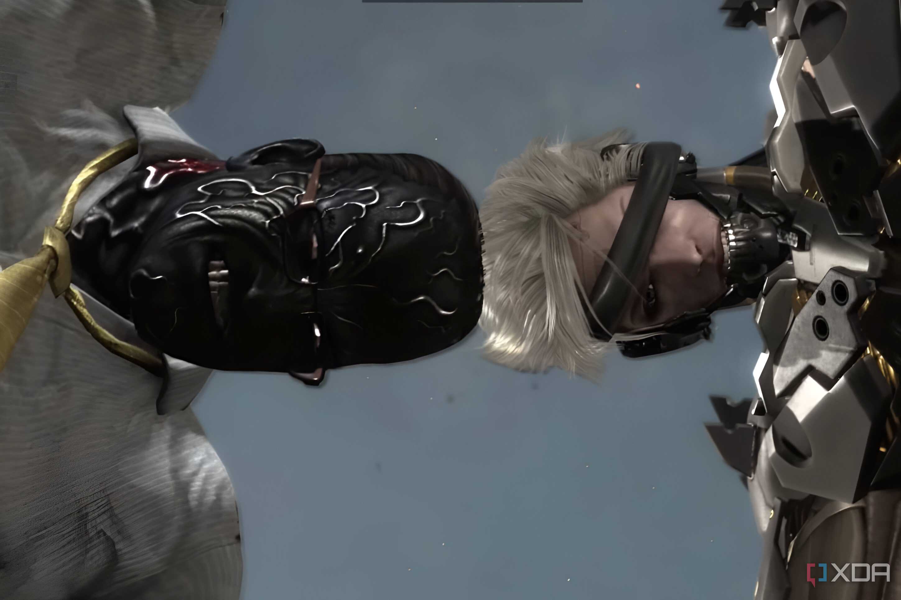 An image from the game Metal Gear Rising Revengeance, showing a man with white hair and a black eyeband butting heads with a man with hard, metallic, and black skin.