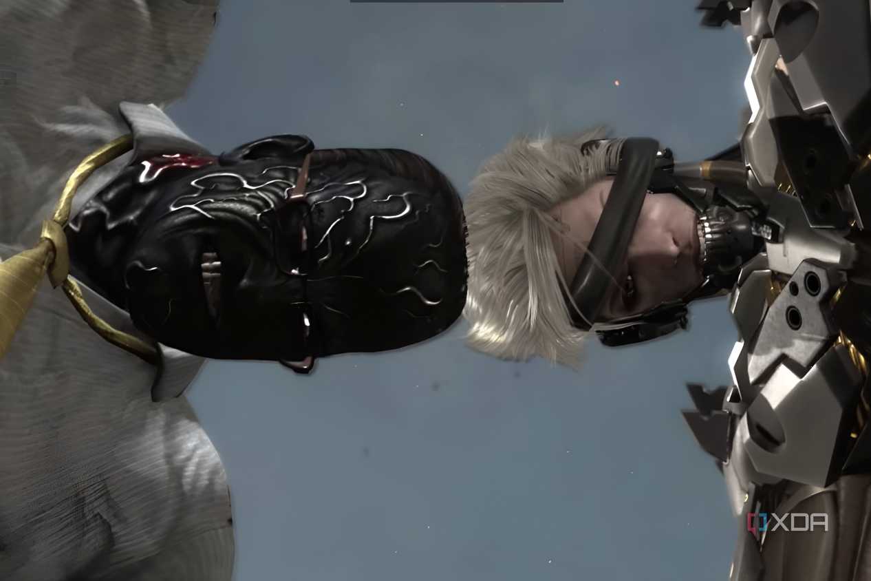An image from the game Metal Gear Rising Revengeance, showing a man with white hair and a black eyeband butting heads with a man with hard, metallic, and black skin.