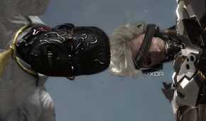 An image from the game Metal Gear Rising Revengeance, showing a man with white hair and a black eyeband butting heads with a man with hard, metallic, and black skin.
