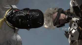 An image from the game Metal Gear Rising Revengeance, showing a man with white hair and a black eyeband butting heads with a man with hard, metallic, and black skin.