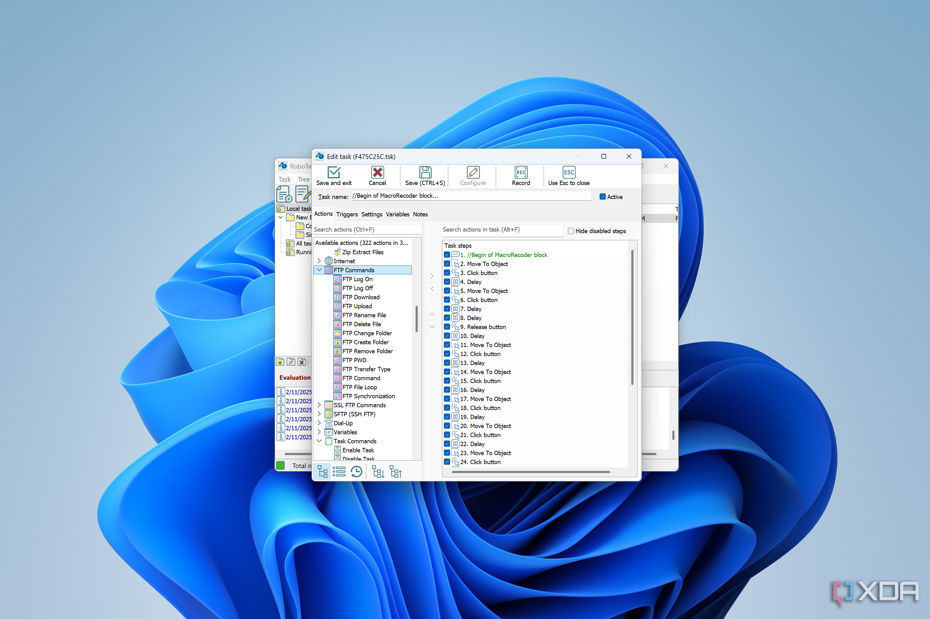 Screenshot of RoboTask on Windows 11 showing a list of available actions to automate