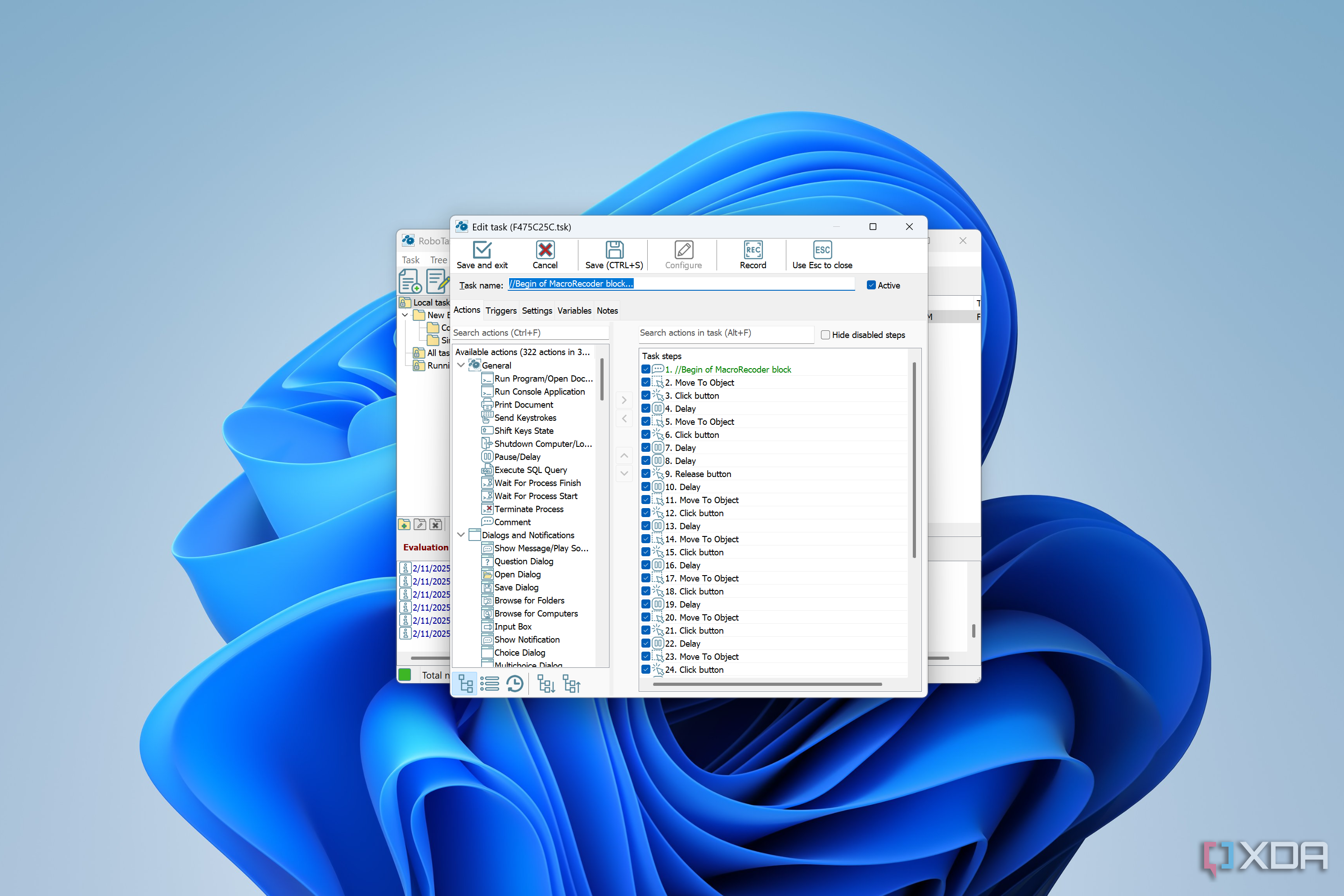 Screenshot of RoboTask on Windows 11 showing a list of available actions to automate