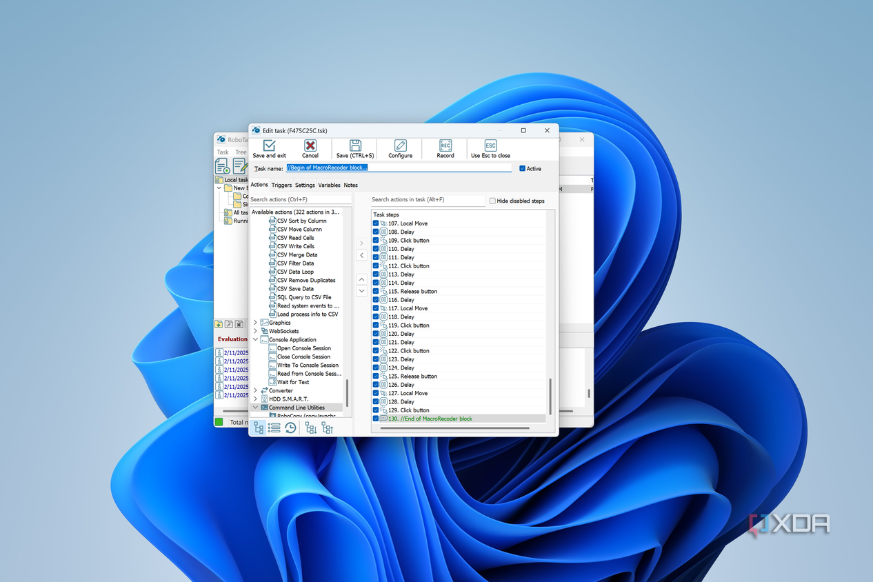 Screenshot of a list of recorded steps in RoboTask