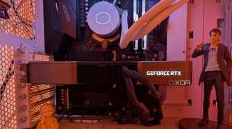 Inside of a gaming PC showing an RTX 3080 next to some figurines