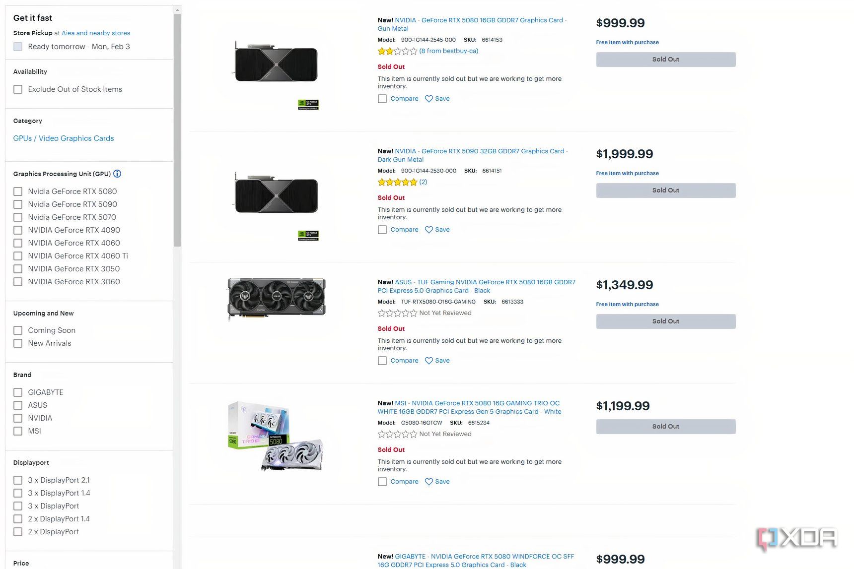 RTX 50 series listings on BestBuy